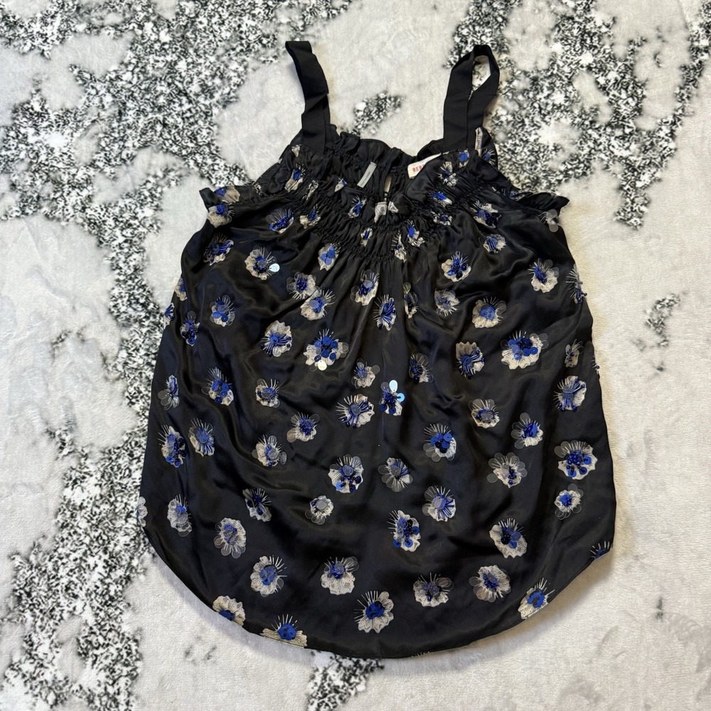 Rebecca Taylor Blouse Womens Size 6 Black Multi Floral Sleeveless 100% Silk‎ Top